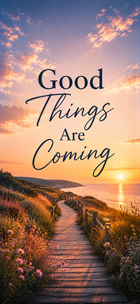 Good things are coming positive affirmation wallpaper with sunset ocean boardwalk