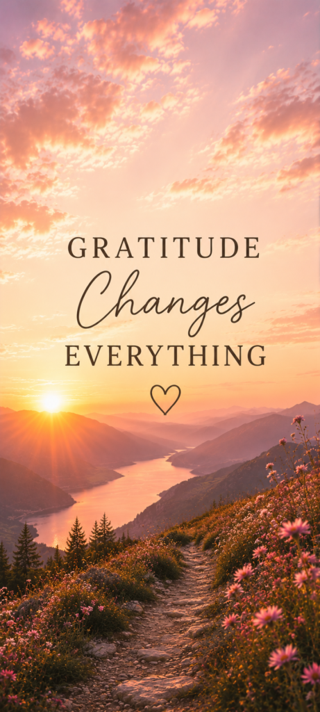 Gratitude changes everything wallpaper with soft sunset mountain landscape
