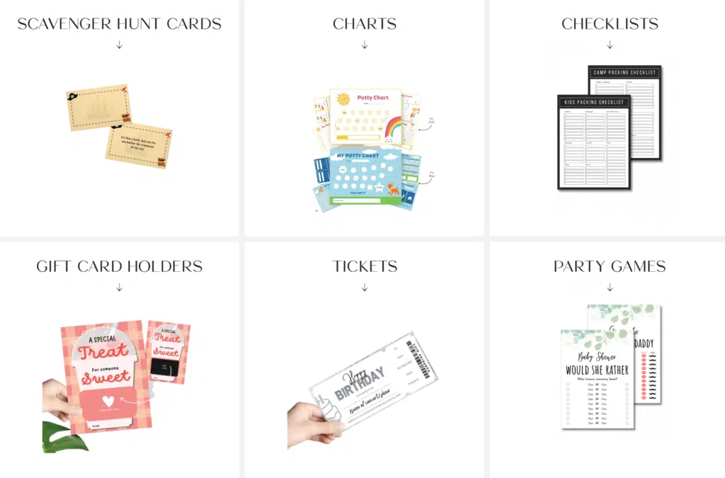 Printable product ideas grid with scavenger hunt cards, charts, checklists, gift card holders, tickets and party games