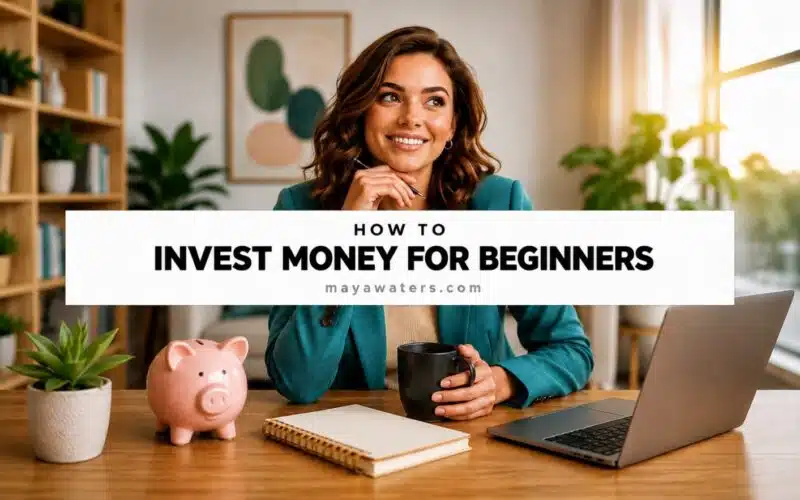 Woman learning how to invest money for beginners with laptop, notebook, and pink piggy bank on desk