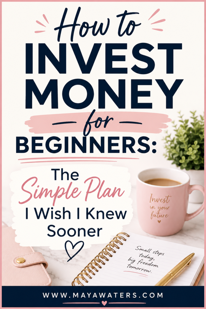 How to invest money for beginners with a simple plan, notebook, pink mug, and personal finance planning setup