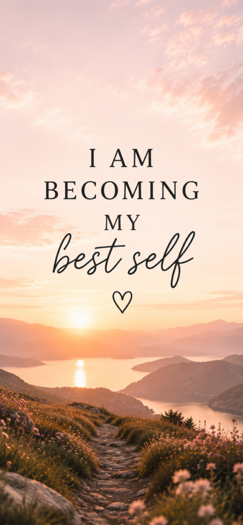 I am becoming my best self self-growth wallpaper with soft sunrise landscape