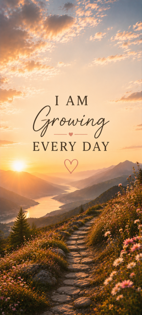 I am growing every day positive affirmation wallpaper with mountain sunset path