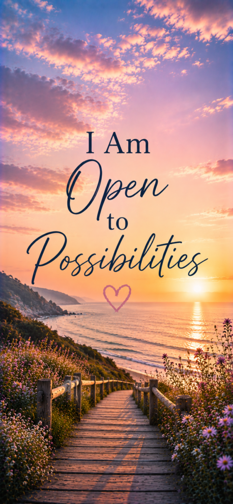 I am open to possibilities manifestation wallpaper with beach sunset boardwalk