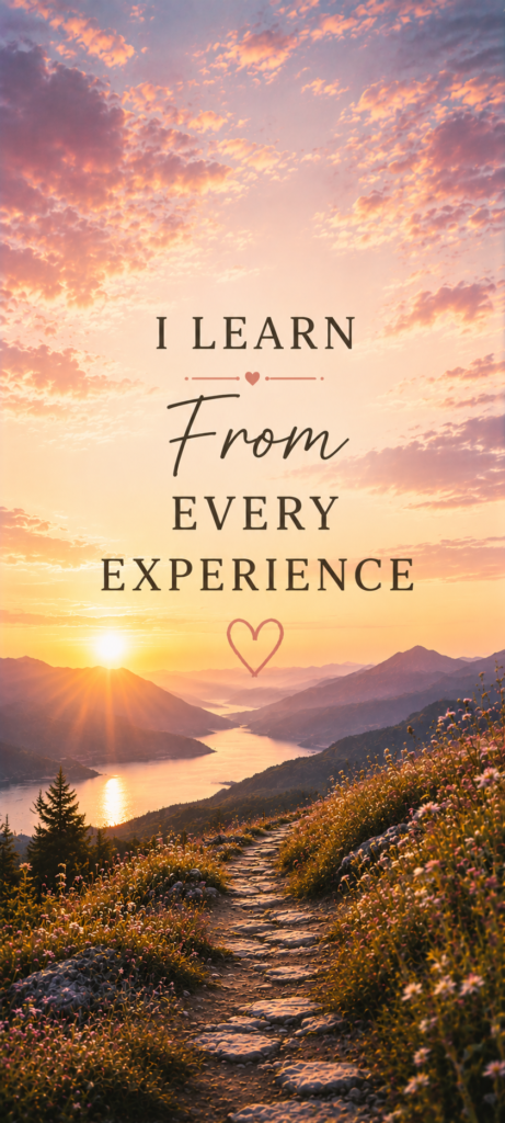 I learn from every experience affirmation wallpaper with mountain sunrise path
