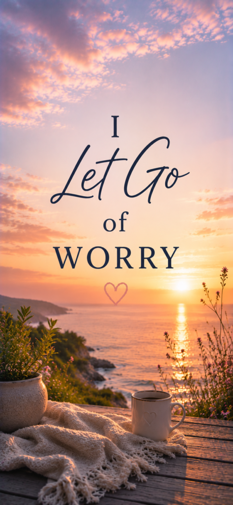 I let go of worry calming wallpaper with ocean sunset and cozy coffee scene