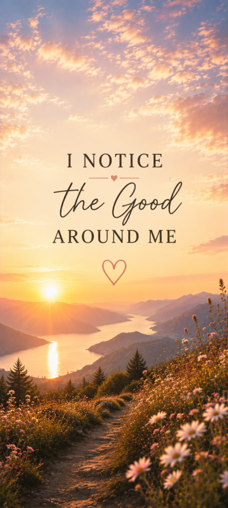 I notice the good around me gratitude wallpaper with sunset mountain flowers