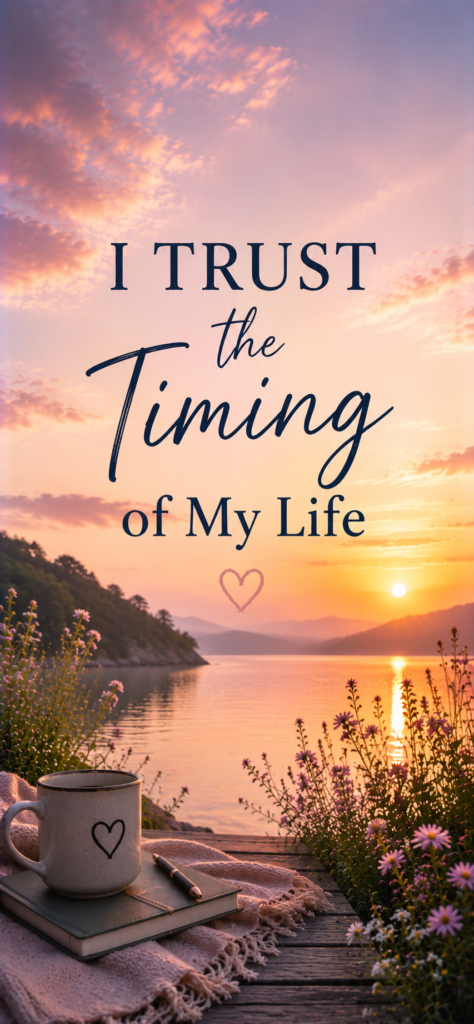 I trust the timing of my life manifestation wallpaper with lake sunset view