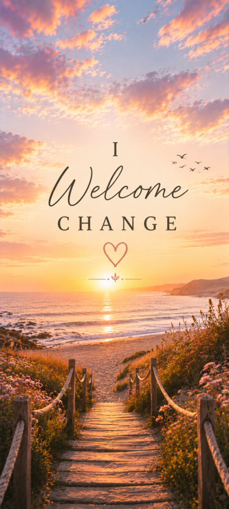 I welcome change positive affirmation wallpaper with beach sunrise path
