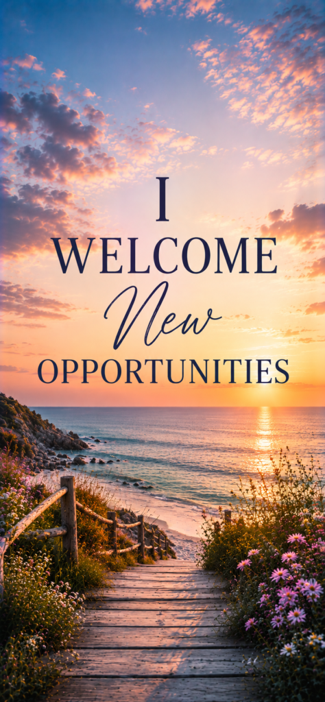I welcome new opportunities manifestation wallpaper with ocean boardwalk sunset