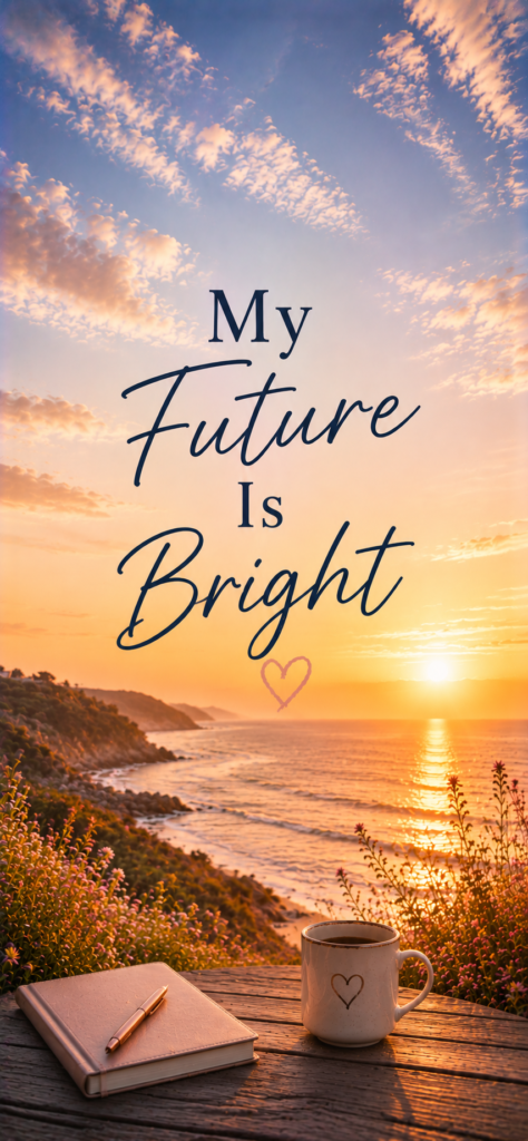 My future is bright manifestation wallpaper with ocean sunset and journal
