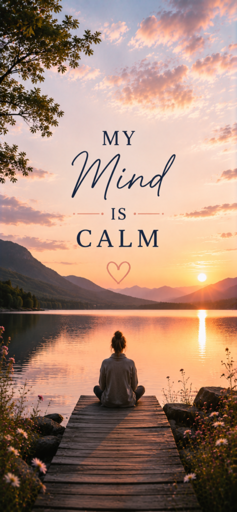 My mind is calm affirmation wallpaper with peaceful lake sunset meditation