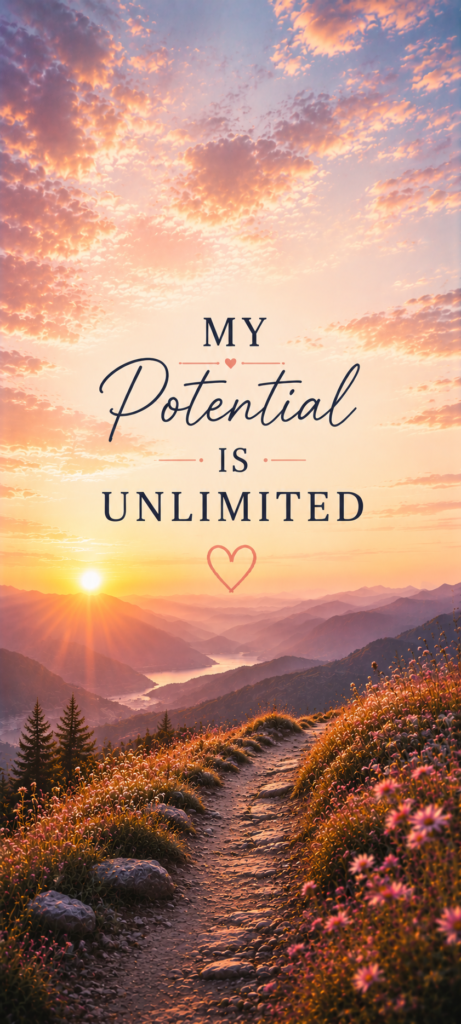 My potential is unlimited motivational wallpaper with mountain sunrise path