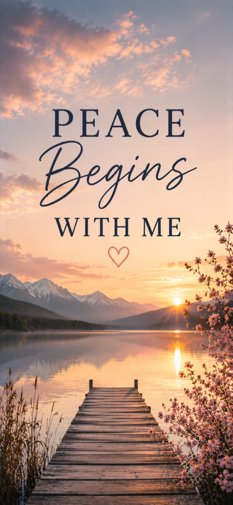 Peace begins with me calming wallpaper with lake sunrise and mountain view