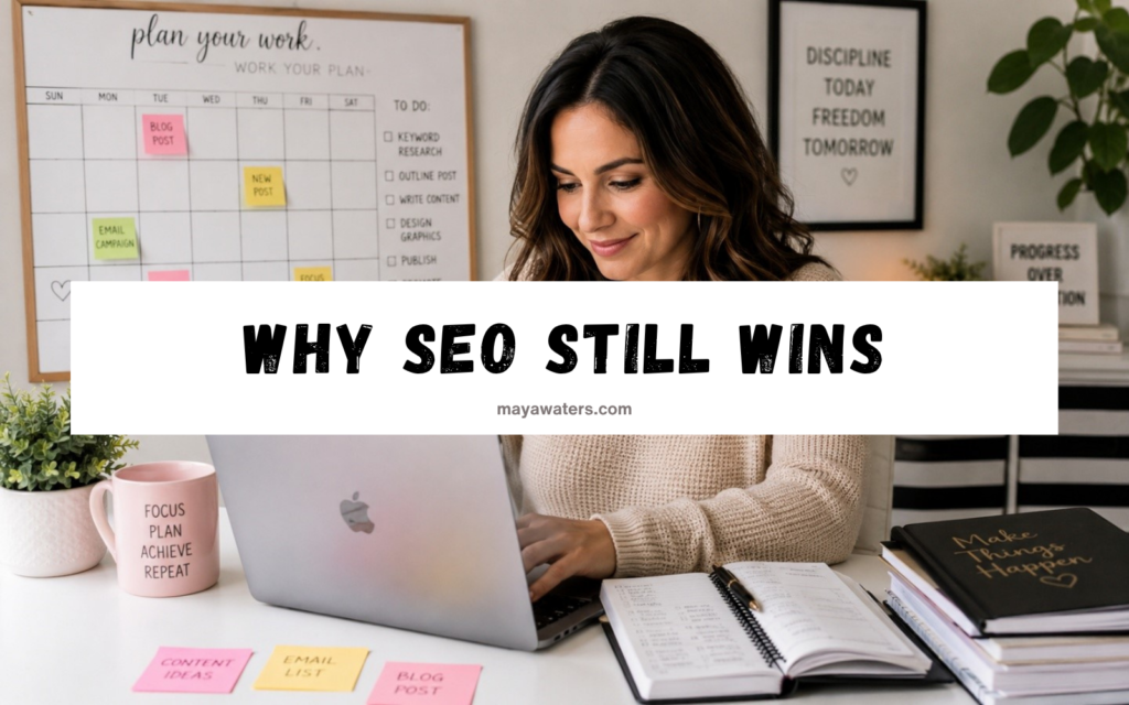 Blogger working at a laptop with a “Why SEO Still Wins” banner for an SEO for bloggers article.