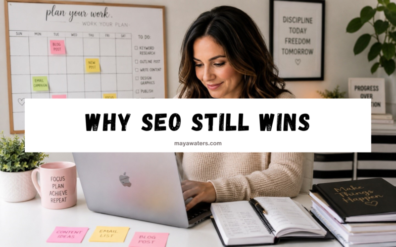 Blogger working at a laptop with a “Why SEO Still Wins” banner for an SEO for bloggers article.