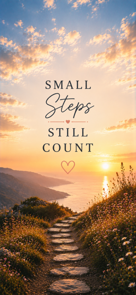 Small steps still count motivational wallpaper with sunset path and flowers