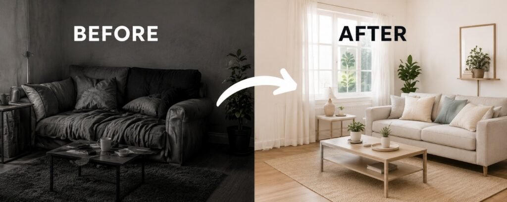 Before and after YouTube banner showing dark room transformed into bright modern living room