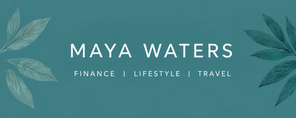 Teal Maya Waters YouTube banner with finance lifestyle and travel branding