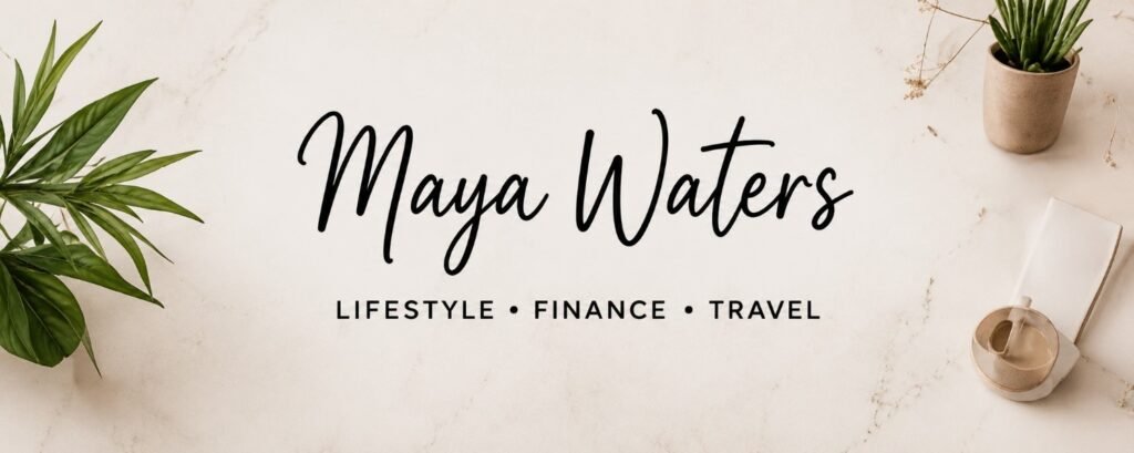 Clean name YouTube banner for Maya Waters with lifestyle finance and travel text