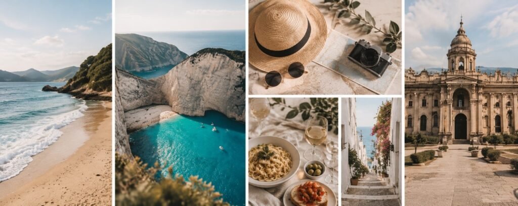 Travel lifestyle YouTube banner collage with beach, camera, food, and scenic destination photos