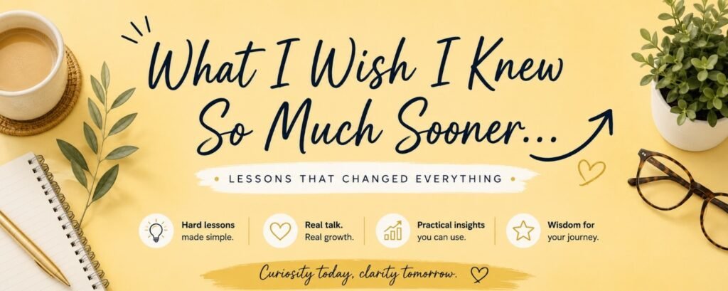 YouTube banner with quote What I Wish I Knew So Much Sooner and lifestyle desk elements