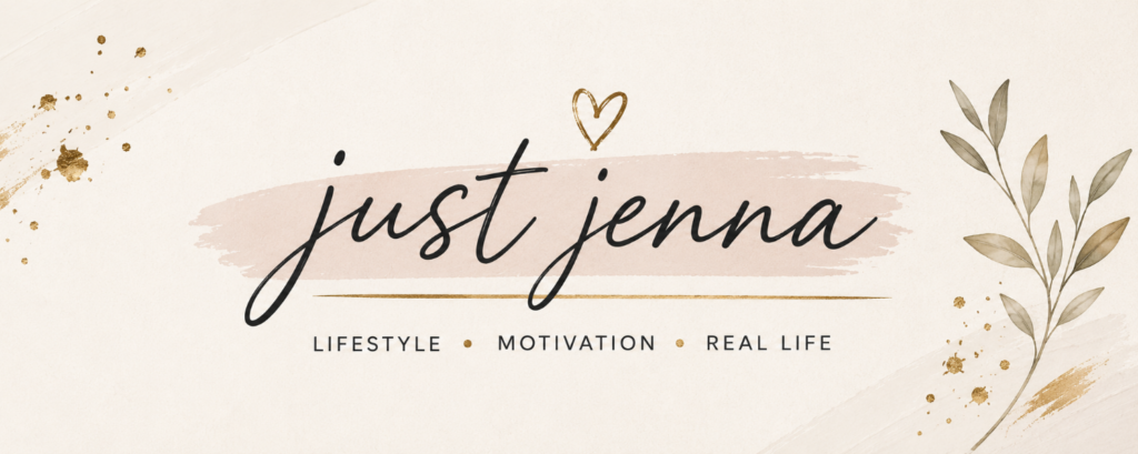 Minimal faceless creator YouTube banner with Just Jenna lifestyle motivation and real life text