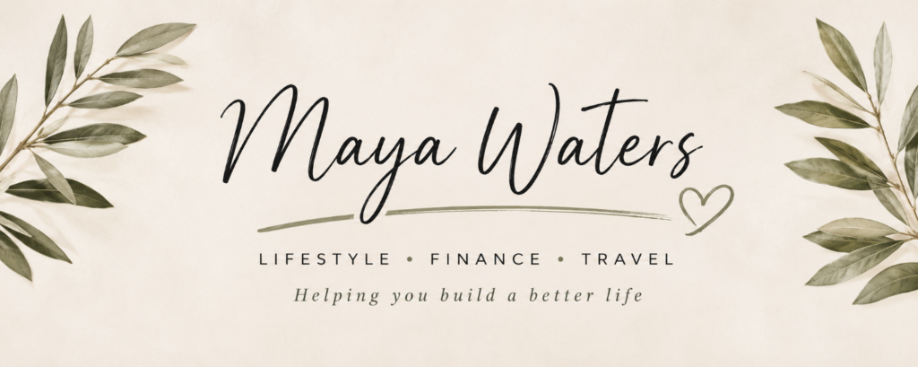 Handwritten style YouTube banner for Maya Waters with lifestyle finance and travel topics