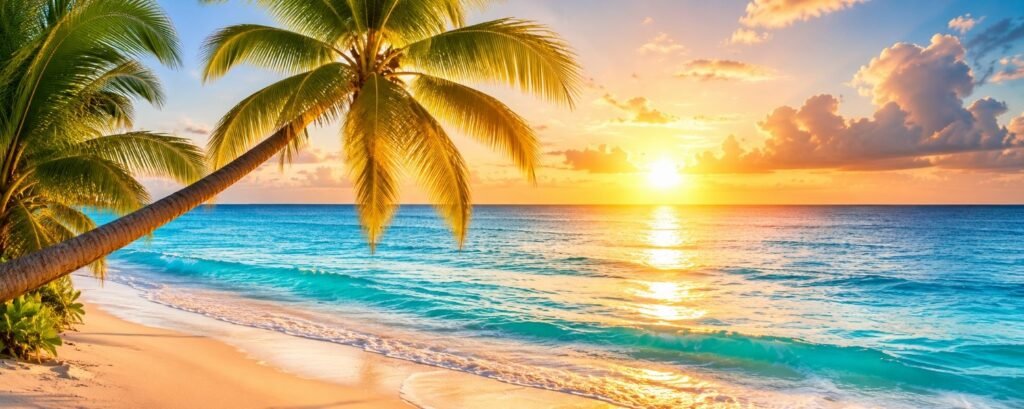 Tropical beach sunset YouTube banner with palm tree and ocean view