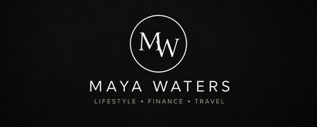 Black logo-focused YouTube banner for Maya Waters lifestyle finance and travel