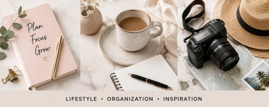Lifestyle organization and inspiration YouTube banner with planner, coffee, and camera photos