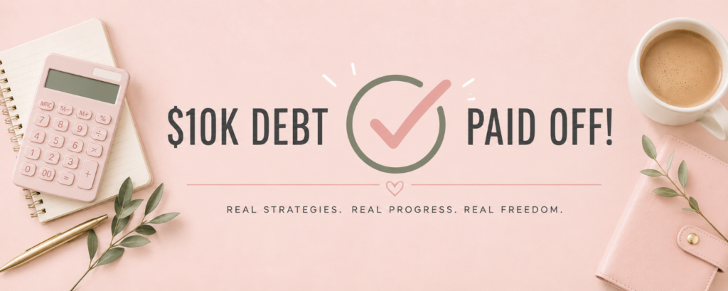 YouTube banner showing $10K debt paid off with checkmark and finance theme