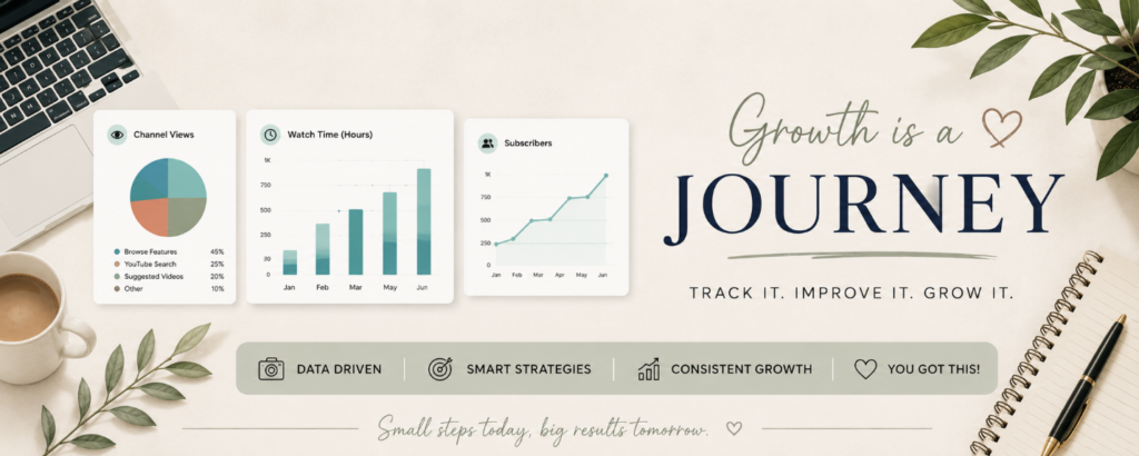 YouTube growth journey banner with channel views watch time and subscribers charts
