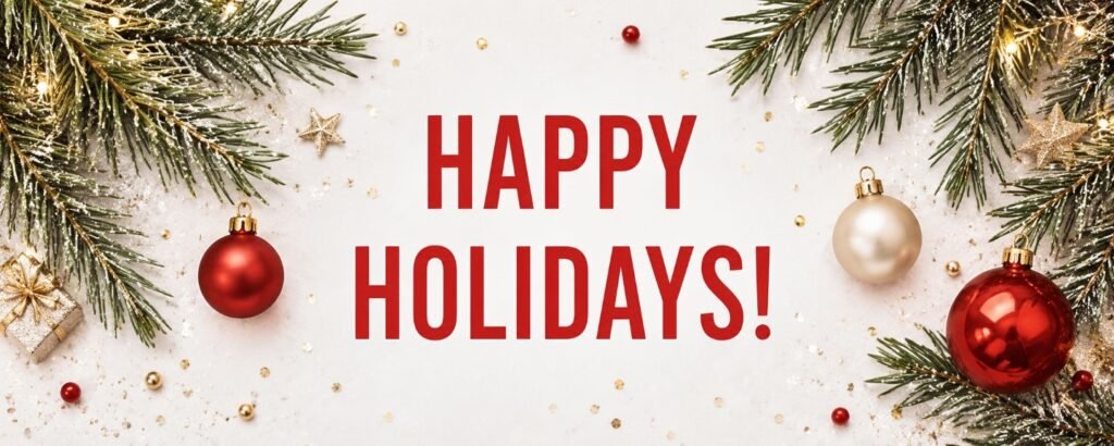 Happy holidays YouTube banner with Christmas ornaments and evergreen branches