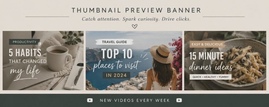 YouTube banner showing thumbnail previews for productivity travel and dinner ideas