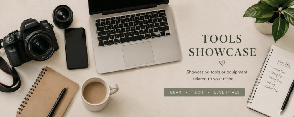 YouTube tools showcase banner with camera laptop coffee and content planning notebook