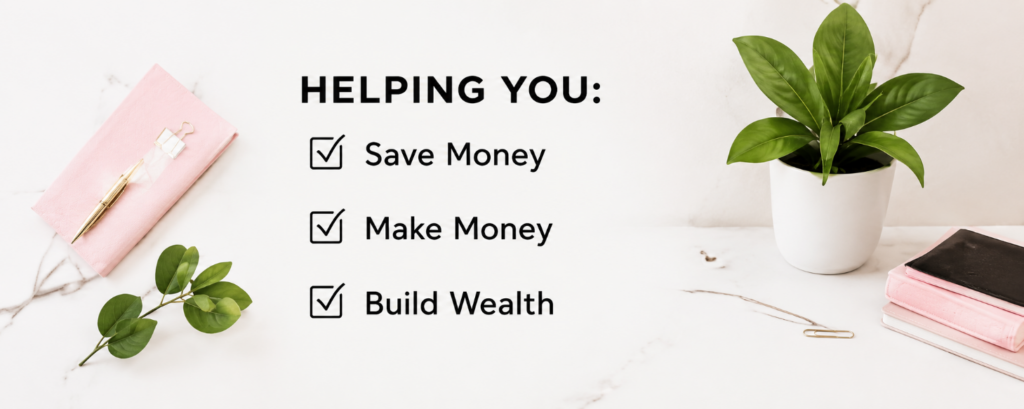YouTube banner listing save money make money and build wealth with checkmark icons