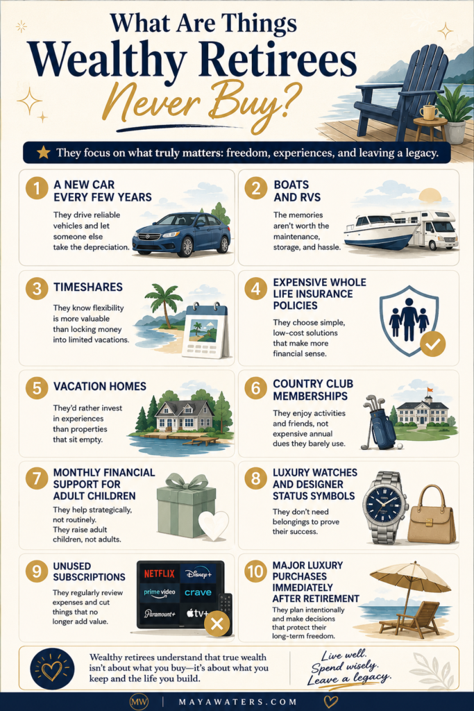 Infographic titled “What Are Things Wealthy Retirees Never Buy” listing 10 common purchases avoided by wealthy retirees