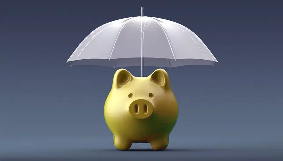 Gold piggy bank under an umbrella representing smart saving, financial protection, and future investment planning