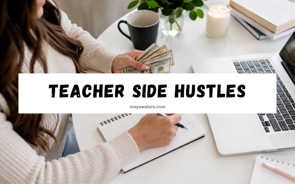 side hustles for teachers blog banner with laptop, notebook, coffee, and cash on a desk