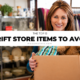Thrift store shopper holding secondhand items with text reading thrift store items to avoid