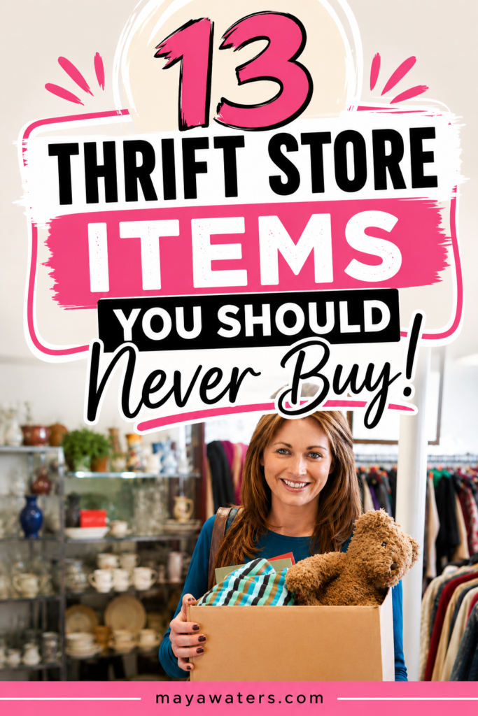 Woman holding a box of thrift store finds with text saying 13 thrift store items you should never buy