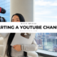 Woman filming a video with text reading “16 Hot Tips for Starting a YouTube Channel.”