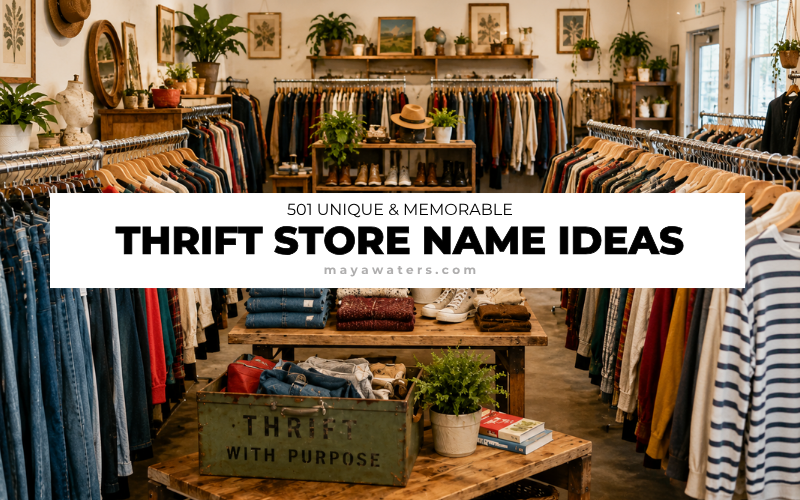 501 thrift store name ideas with a modern thrift shop interior featuring clothing racks and vintage décor.
