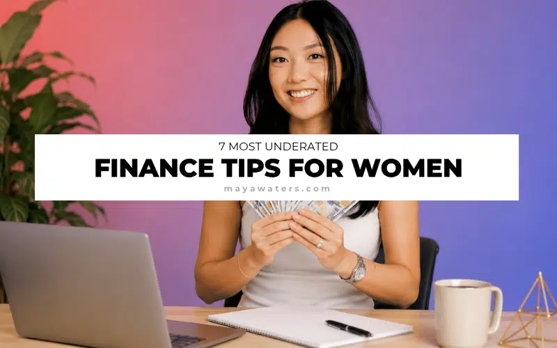 Woman holding cash beside a laptop with the text “7 Most Underrated Finance Tips for Women.”