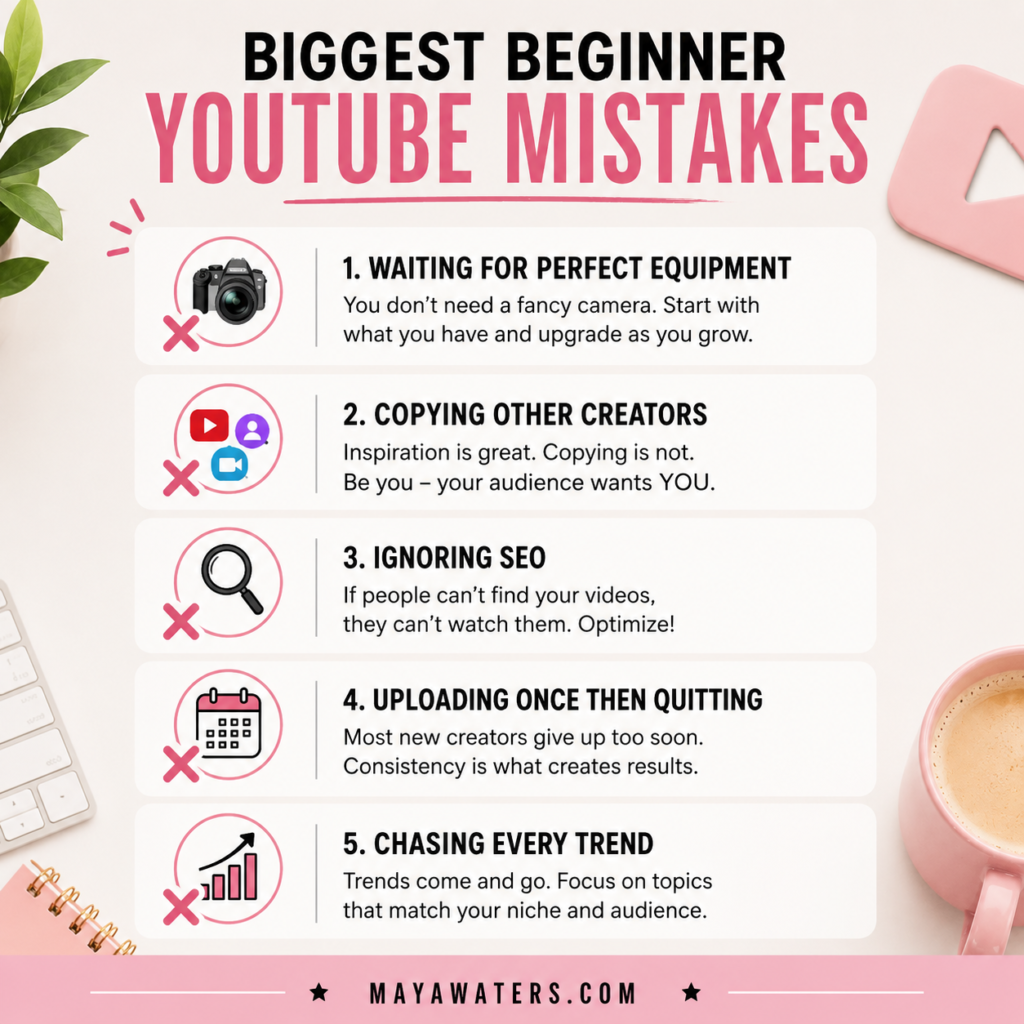 Five beginner YouTube mistakes, including ignoring SEO, copying creators, and quitting too soon.