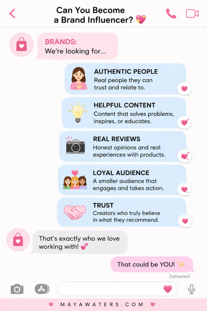 Chat-style infographic explaining how authentic creators with helpful content and loyal audiences can become brand influencers.