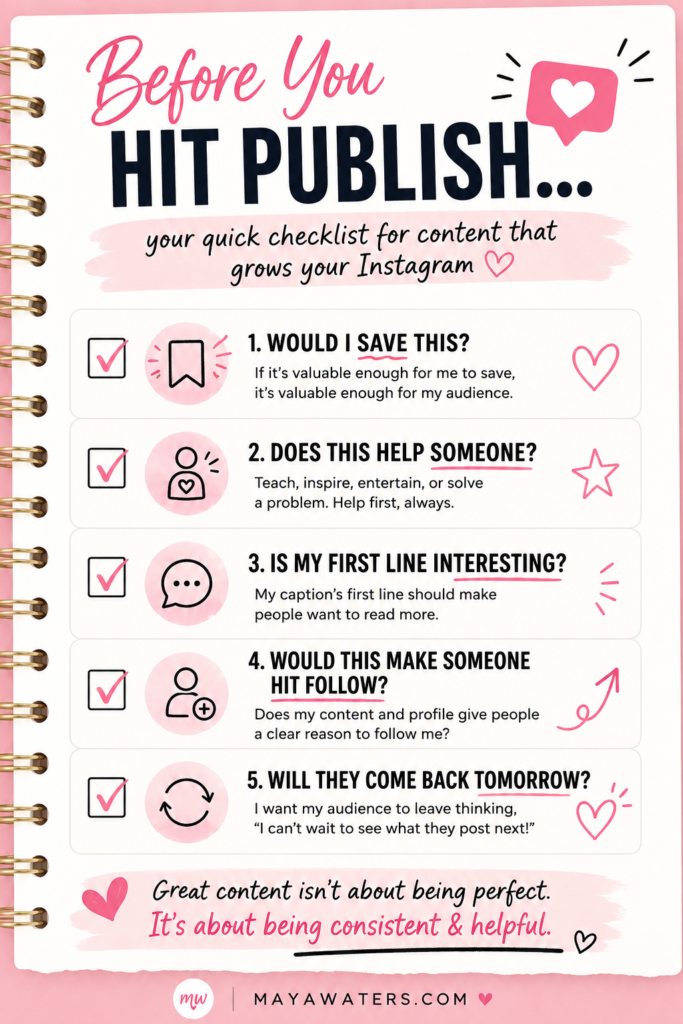 Instagram content checklist with five questions for creating valuable, helpful, engaging, and consistent social media posts.
