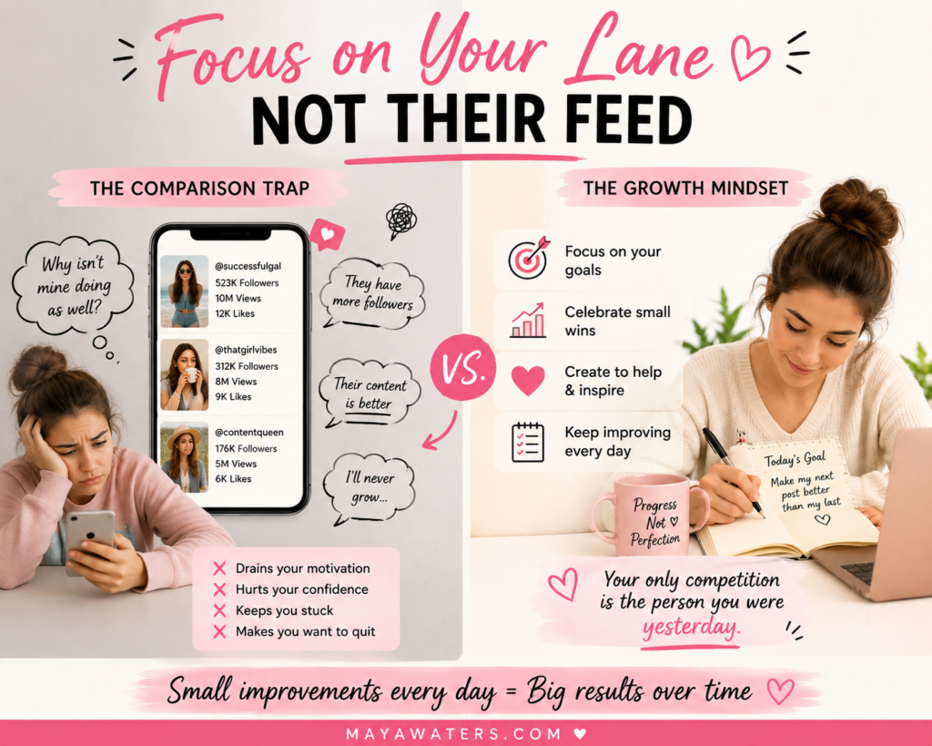 Instagram growth mindset infographic comparing social media comparison with focusing on personal goals and daily improvement.