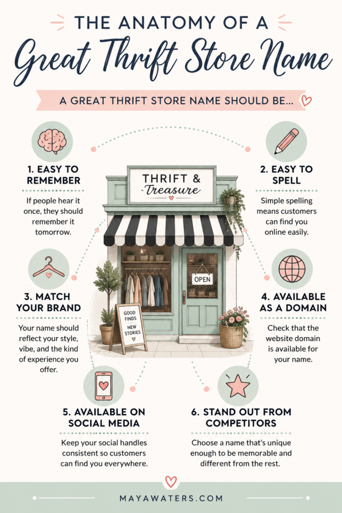 Infographic showing the anatomy of a great thrift store name with six tips for choosing memorable thrift store name ideas.